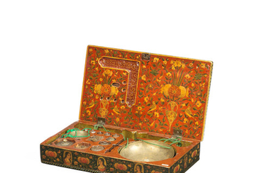 A Qajar lacquer box containing a set of portable merchant's weights and scales, Persia, dated AH 1242/ AD 1826-27