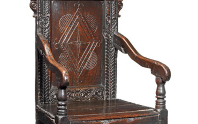 A Charles II joined oak panel-back open armchair, Yorkshire, circa 1670 and later