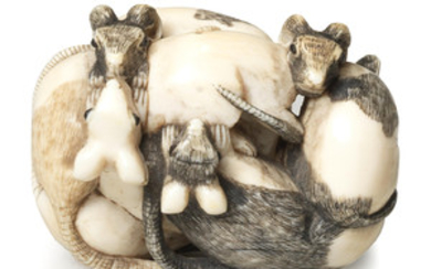 An ivory okimono netsuke of rats