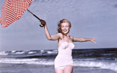 ANDRE DE DIENES (1913-1985): MARILYN MONROE Polka Dot Umbrella, Tobay Beach, 1949