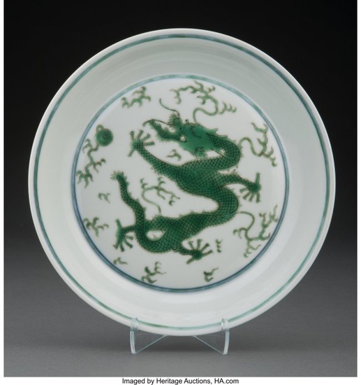 78050: A Chinese Green Enameled Dragon Dish Marks: six