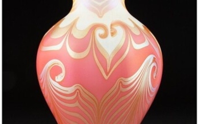 79050: Large Pink and Gold Pulled Feather Glass Vase at