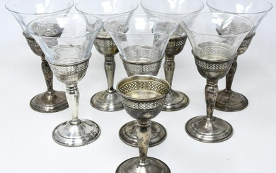 8 Cartier Sterling Silver Goblets w Glass Inserts