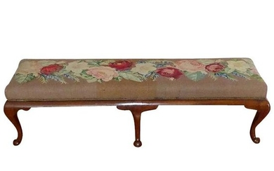 19th Century Long Mahogany Footstool with Needlework in