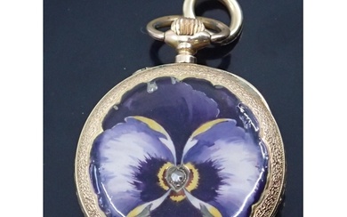 A 14kt gold diamond and enamel set ladies fob watch, engrave...