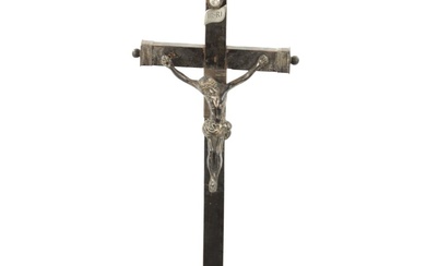 A 19TH CENTURY EBONISED AND SILVER MOUNTED CORPUS CHRISTI...