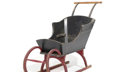 A 19th century painted wood and metal child's sleigh. H. 90. L. 115. W. 50 cm.