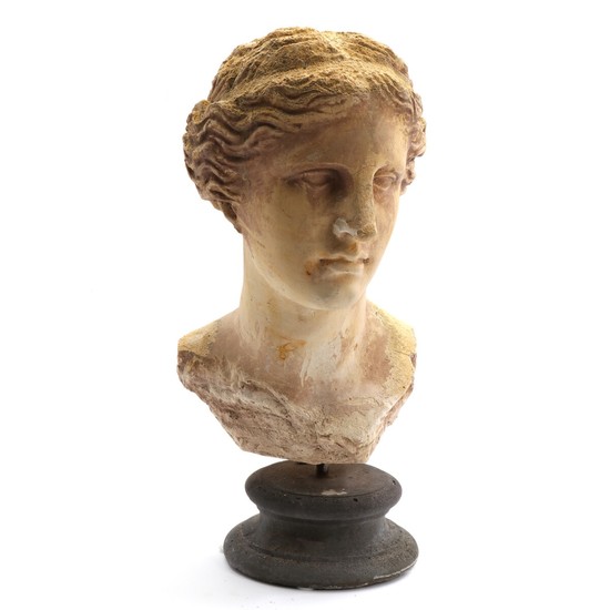 A 20th century patinated artificial stone female bust. Venus de Mio after the Antiquity. H. incl. base 57 cm.