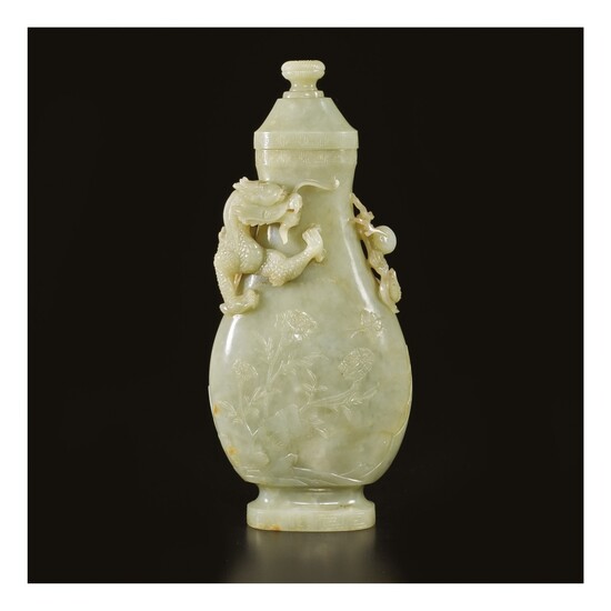 A CELADON JADE 'DRAGON' VASE AND COVER, QING DYNASTY, 18TH / EARLY 19TH CENTURY
