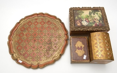 A COLLECTION OF FLORENTINE BOXES AND A TRAY