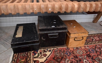 A COLLECTION OF TWO 1900s TIN TRAVELLING TRUNKS WITH ORIGINAL PAINTED NAMED