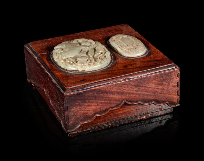 A Celadon Jade Inset Huanghuali Wood Cover Box