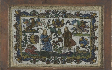 A Charles II beadwork panel, c.1660-70, depicting a courting couple beneath initials S A, surrounded by two mythical beasts, a stag, leopard and floral sprays, within an intricate border, late wire and silk-work mount and glazed walnut frame, 22 x...