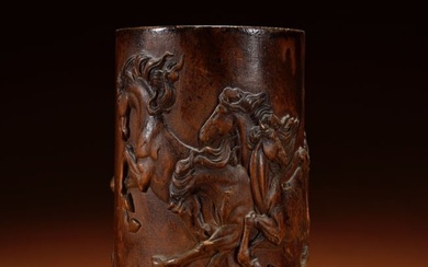 A Chinese Carved Wood Brush Pot of Horses Decoration