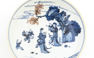 A Chinese blue and white dish / bowl decorated with figures ...