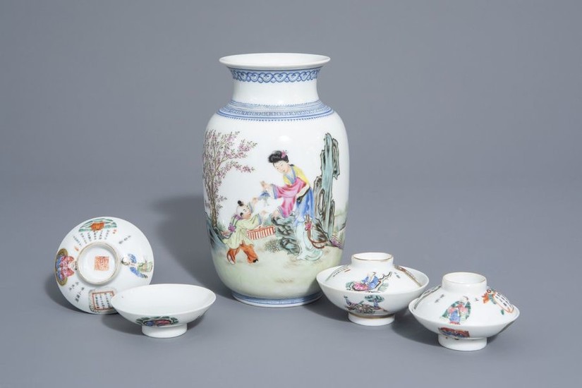 A Chinese famille rose eggshell vase and six...