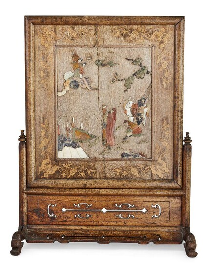 A Chinese hardstone-inlaid wood 'Chang'e' table screen, 19th century, the central reserve decorated with inlaid hardstone depicting Chang'e floating up towards the moon as Hou Yi cries out below, the outer border decorated with bats flying amongst...