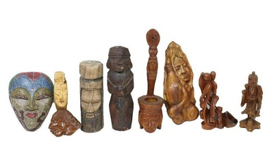 A Collection of Vintage Wooden Carved Objects (Jamacian, Polynesian, Japanese)