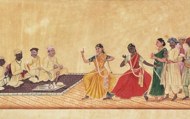 SOLD. A Company School painting depicting dancers and musicians. India, early 19th century. Watercolour and bodycolour on paper. Paper size appr. 28 x 47 cm. – Bruun Rasmussen Auctioneers of Fine Art