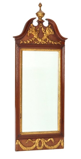 A Danish circa 1780 partly gilded mahogany Louis XVI mirror, carved with vase, bows and foliage. H. 153. W. 61 cm.