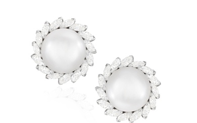 A FINE PAIR OF CULTURED PEARL AND DIAMOND EARCLIPS, BY HARRY...