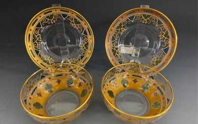 A FINE PAIR OF ENAMELED MOSER FINGER BOWLS & PLATES