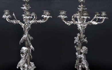 A Fine Pair Of 19th Century French Christofle Figural Silver-plated 6 Branches Candelabras