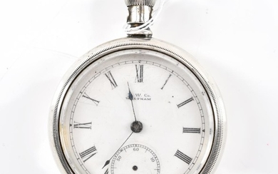 A GENTLEMAN OPEN FACED POCKET WATCH IN STERLING SILVER BY WALTHAM, AF.