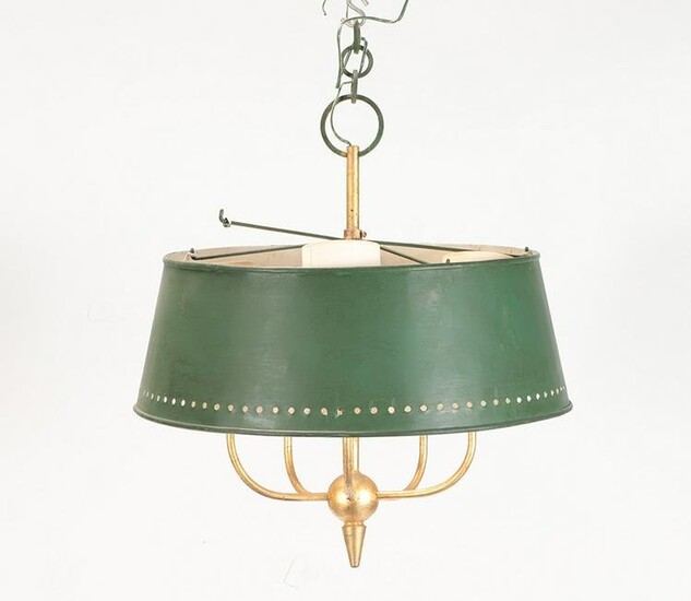 A GILT IRON FIVE LIGHT FIXTURE WITH TOLE SHADE