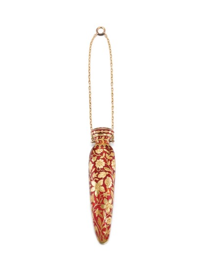 A GOLD AND ENAMEL SCENT BOTTLE, PROBABLY GENEVA, THIRD QUARTER OF THE 19TH CENTURY