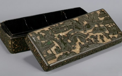 A GREEN LACQUER BOX CARVED LANDSCAPE &FIGURE PATTERN