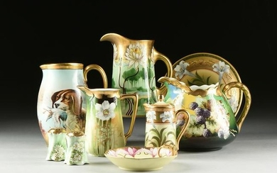 A GROUP OF NINE GREEN AND GOLD PORCELAIN TABLEWARES