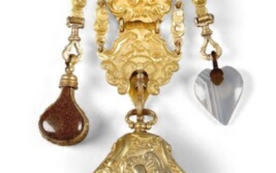 A George III gilt-brass etui with chatelaine, late 18th century, the chatelaine consisting of three panels decorated in high relief with Classical maiden and cherubs within scrolling foliage, having later heart shaped agate pendant and aventurine...