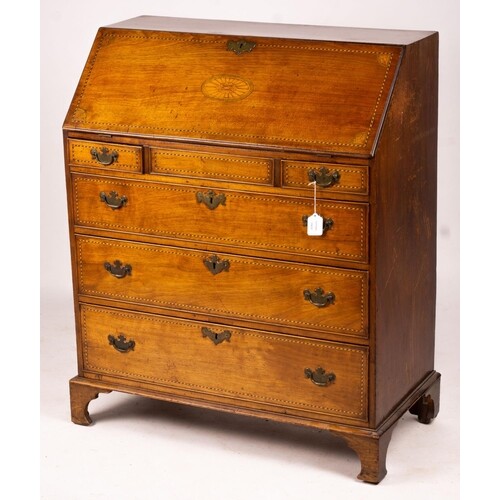 A George III inlaid mahogany bureau, width 88cm, depth 45cm,...