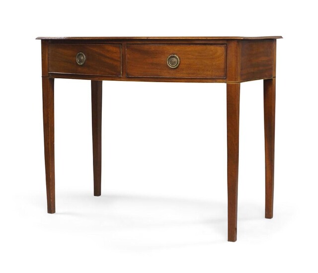 A George III mahogany bow front side table, ebony and boxwood strung, with two drawers, raised on square tapering legs, 77cm high, 97cm wide, 49cm deep