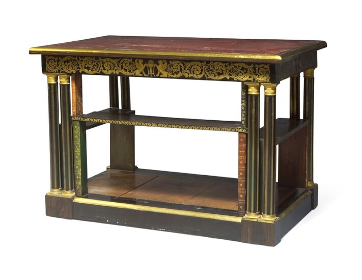 A George IV ormolu and brass-mounted, brass inlaid 'Boulle' and marquetry folio table, c.1820, the top adapted, with brass inlaid decoration to the frieze, red leather inset writing surface, book fronts, raised on four pairs of turned and fluted...