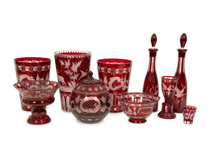 A Group of Bohemian Red Cut-to-Clear Etched Glassware