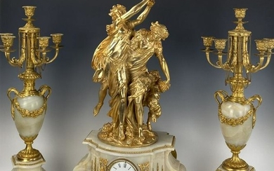 A IMPOSING DORE BRONZE &ALABASTER CLOCK SET BY PICARD