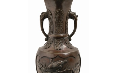 A Japanese bronze vase, Meiji period, cast from two scenes o...