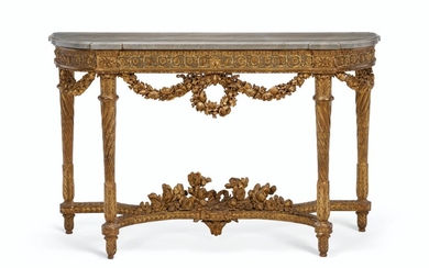 A LOUIS XVI GILTWOOD AND BLUE-PAINTED CONSOLE TABLE, CIRCA 1785