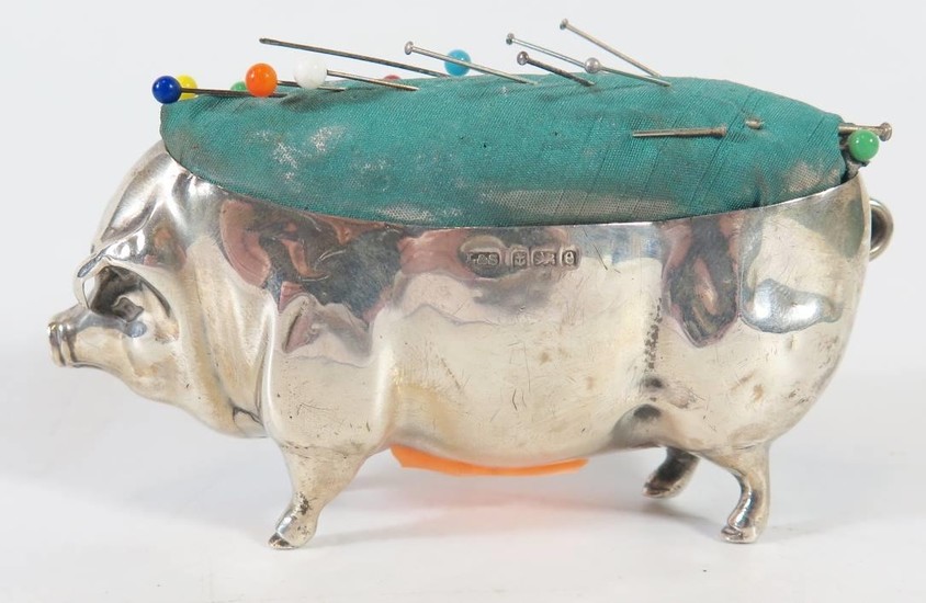 A Large Edward VII Silver Pin Cushion in the form of a pig, ...