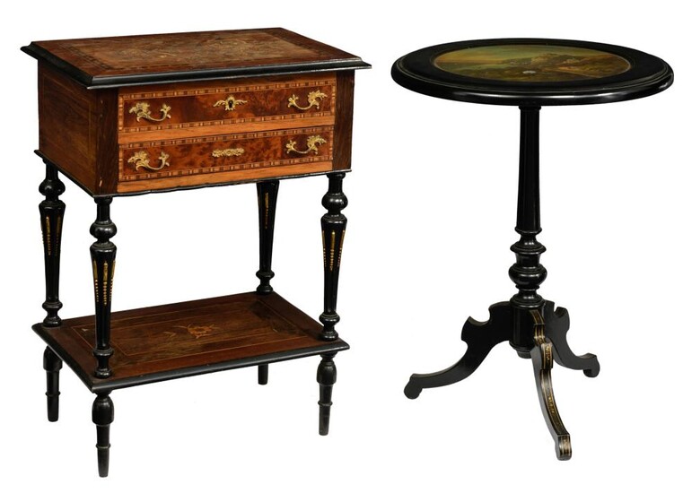 A Neoclassical lady's sewing table and a matching fold-over tea table, H 73 - 76 cm