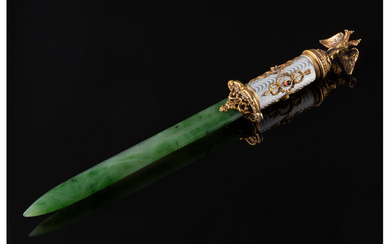 A Nephrite, Gilt Silver, and Guilloché Enamel Letter Opener in the Manner of Fabergé (late 20th century)