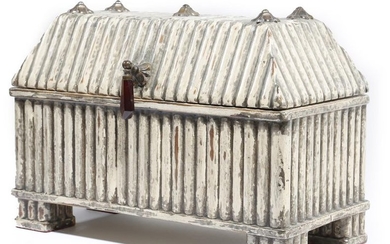 A PAINTED WOOD RIBBED CASKET IN GOTHIC STYLE...