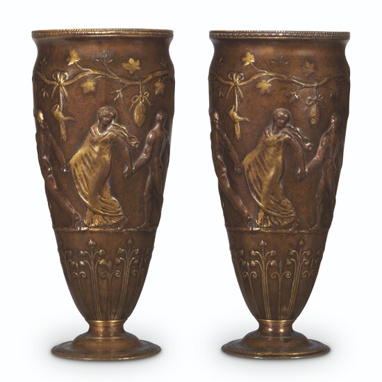 A PAIR OF FRENCH PATINATED AND PARCEL-GILT BRONZE SMALL VASES