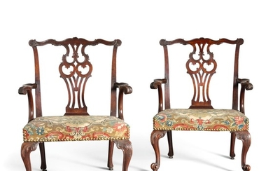 A PAIR OF GEORGE II CARVED MAHOGANY OPEN ARMCHAIRS, CIRCA 1755