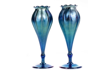 A PAIR OF L. C. TIFFANY BLUE FAVRILE VASES
