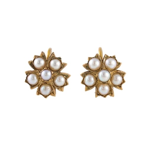 A PAIR OF PEARL CLUSTER EARRINGS, mounted in gold with screw...