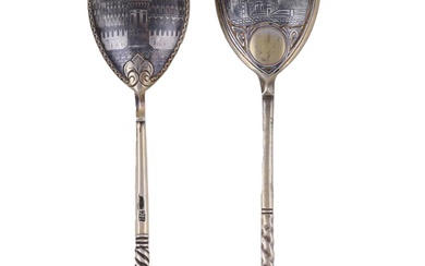 A PAIR OF RUSSIAN IMPERIAL GILT SILVER AND NIELLO SPOONS