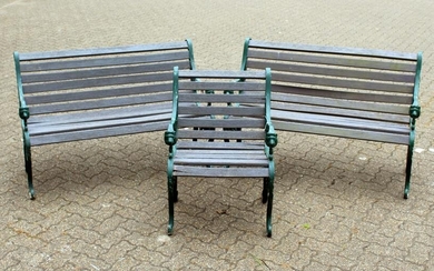 A PAIR OF VICTORIAN STYLE GARDEN BENCHES, each with